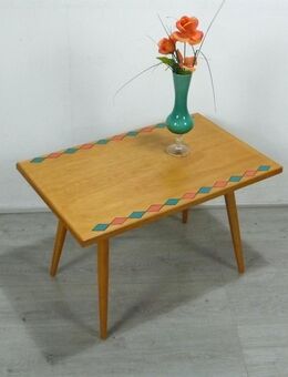 60er Beistelltisch rechteckig, schräge Beine, Esche Natur Vollholz + Muster, Mid Century Rockabilly Ära - Sinzig