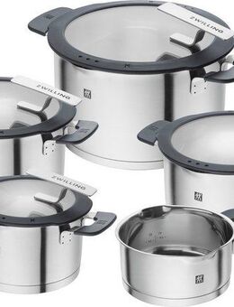Zwilling Topf-Set Simplify, Edelstahl 18/10 (Set, 9-tlg., je 1 Kochtopf Ø 16/20/24 cm, 1 Bratentopf Ø 20 cm, 1 Stieltopf Ø 16 cm), Sandwichboden, Stay-Cool-Griffe, integriertes Sieb, (Glas)Deckelhalter