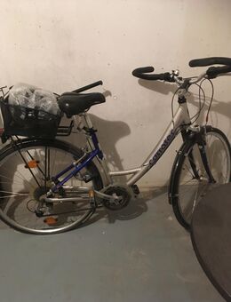 Damenfahrrad, Marke Corratec, tiefer Einstieg, 28-Zoll, silber, mit bequemem gepolstertem Lenker und komfortablen Sitz. - Baden-Baden