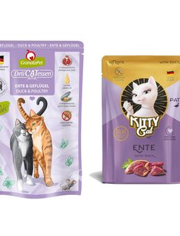 6 x 85 g GranataPet DeliCatessen Pouch + 85 g KITTY Cat Paté Ente gratis! - Ente & Geflügel
