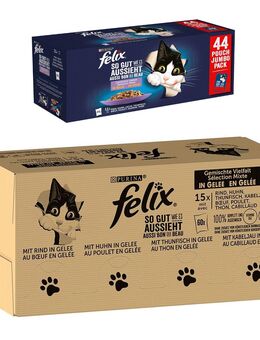 Jumbopack Felix + 44 x 85 g Pouches gratis! - 120 x 85 g "So gut wie es aussieht" Gemischte Vielfalt + 44 x 85 g Huhn, Rind, Thunfisch, Lachs