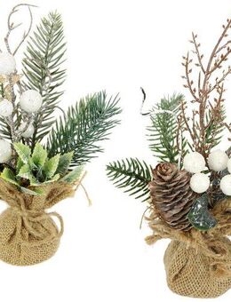 I.GE.A. Künstlicher Weihnachtsbaum Kunstpflanze Weihnachtsgesteck im Jute-Sack, 2er Set Weihnachtsdeko Tannenzweige Beeren Zapfen Stern Kunstblumen