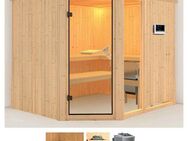 Karibu Sauna Frigga 3, BxTxH: 231 x 196 x 198 cm, 68 mm, (Set) 9-kW-Ofen mit externer Steuerung