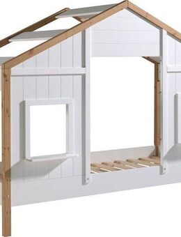 Vipack Hausbett Babs, mit Dachaufbau, Fenstern, Made in Europe, originelle Optik (B/H/T ca. 210x170x97cm, Weiß/Oak lackiert, seitlich nach hinten offen), inklusive Rolllattenrost und wahlweise mit Bettschublade