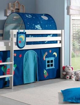 Vipack Hochbett Pino, Spielbett massiv Kiefer, stabil gebaut, 3 Korpusfarben zur Wahl (inkl. Rolllattenrost, Leiter und Absturzschutz, mit oder ohne Rutsche) Textil-Set "Astronaut", inkl. Vorhang, mit oder ohne Tunnel