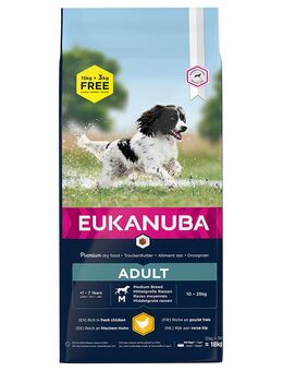 3 kg gratis! 18 kg Eukanuba Breed Huhn - Adult Medium