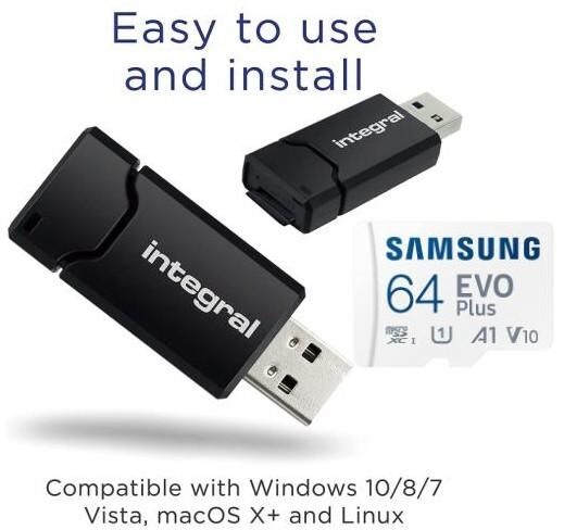 Speicherkartenleser integral, USB 3.0 Typ A, MicroSD Laufwerk, Samsung EVOPlus MicroSDXC 64GB mit einer Datenübertragung von bis zu 130MB/s, inklusive SD-Adapter - Fürth