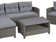 KONIFERA Gartenlounge-Set Cordoba, (Set, 11-tlg., 2x Bank, 1x Sessel, 1x Tisch 90x55x43cm, inkl. Auflagen), Polyratten, Stahl, Tischplatte aus Nonwood, geeignet für 4 Personen