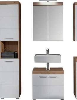 welltime Badmöbel-Set Avena, (Set, 5-St), Hochschrank, WBU, Spiegelschrank, Kommode, Hängeschrank u. Beleuchtung