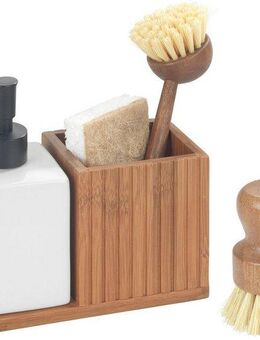WENKO Spülmittelspender Spül-Set aus Bambus, (Set, 5-tlg), mit Dosierspender, Utensilienhalter, Schwamm und 2 Spülbürsten