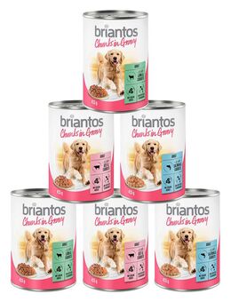 Briantos Chunks in Gravy 6 x 415 g - Mixpaket (Rind, Lachs und Lamm)