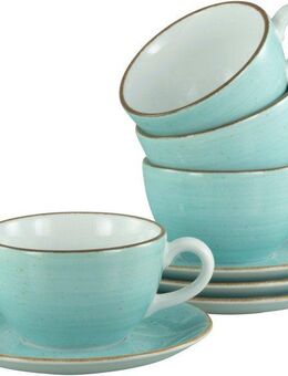 CreaTable Cappuccinotasse Vintage Nature Aqua, Cappuccino-Set, 8-tlg., Porzellan, Handgemalt, Gesprenkelt, Rustikales Außenband