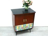 Mid Century Beistellschrank Sideboard 2 Türen, Nuß-Schwarz mit Mondrian Pastell Muster 50er - Sinzig
