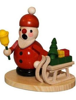 Albin Preissler Räuchermännchen Weihnachtsmann mit Schlitten, Handwerkskunst aus dem Erzgebirge, Weihnachtsdeko aus Holz