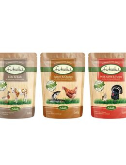 Lukullus Frischebeutel Naturkost 6 x 300 g Mixpaket: Wildkaninchen & Truthahn / Ente & Kalb / Lachs & Huhn