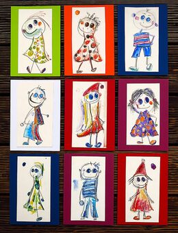 Unikate Kinderfiguren 'Giagl', liebevoll von Hand gefertigt, kleine Kunstwerke, als Karte oder als Bild verwendbar, je 28 € - Füssen