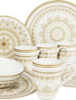 CreaTable Kombiservice Mandala Gold (16-tlg), 4 Personen, Steinzeug, Service, goldene orientalische Motive, 16 Teile, für 4 Personen