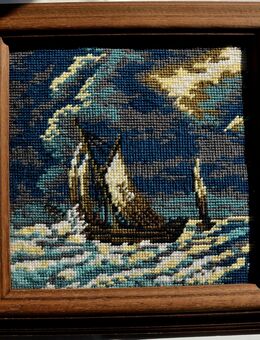 Gobelin, Gaffelsegler ca. 28x28 cm, mit Holzrahmen - Kiel Ellerbek