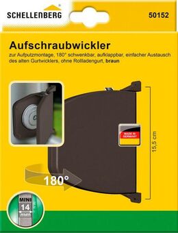 SCHELLENBERG Aufputz-Gurtwickler Aufschraubwickler für das Rollladensystem Mini, Gurtbreite 14 mm, 1-tlg., aufklappbar, mit festem Lochabstand, 155 mm, weiß oder braun