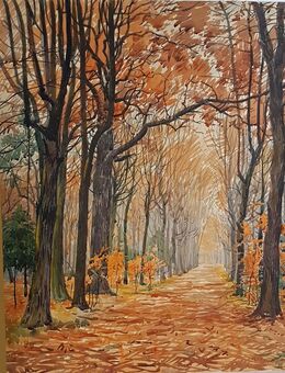 Herbstliche Allee gewöhnlicher Laubbäume Aquarell von 1935 Dresden - Nürnberg