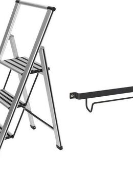 WENKO Trittleiter Modell Alu-Design (2-St), stabile Klapptritt Leiter, rutschsicher, bis 150 kg, mit Leiternhalter