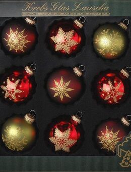 Krebs Glas Lauscha Weihnachtsbaumkugel Schneeflocken, Weihnachtsdeko rot, Christbaumschmuck (9 St), hochwertige Christbaumkugeln aus Glas, mundgeblasen, rot/grün