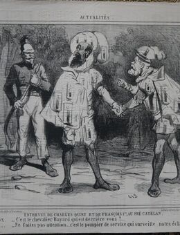 Lithografie , Entrevue de Charles - Quint et Francois I. ,au pre Catelan., Grafik von Cham ,Nummer 615 , aus dem Jahr 1858 , Blatt 37cm x 26cm , M70 - Görlitz