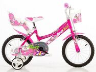 Dino Kinderfahrrad Mädchenfahrrad 14 Zoll, 1 Gang, mit Stützrädern, Korb und Puppensitz
