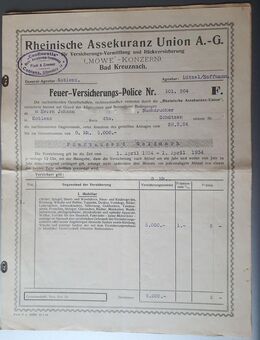 Historische Feuer - Versicherungs - Police 1924-1934 der Rheinischen Assekuranz Union - Niederfischbach