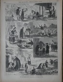 Alte Grafik aus dem Jahr 1879 ; Aus einem schwäbischen Dorf ., Originalzeichnung von W. Grögler , Schwaben , Blatt 37cm x 27,5cm , M24 - Görlitz