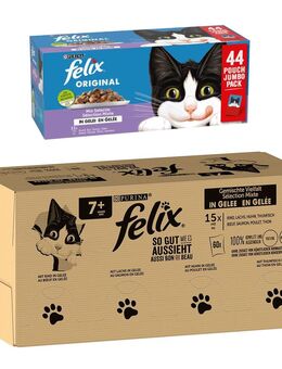 Jumbopack Felix + 44 x 85 g Pouches gratis! - 120 x 85 g "So gut wie es aussieht" Senior + 44 x 85 g Original Lachs, Thunfisch, Rind, Huhn