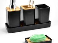 Coonoor Badaccessoire-Set Badezimmer Set 5 Teile, Bambus und PS Zahnbürstenhalter, Zahnputzbecher, Seifenspender, Seifenschale Schminktablett Dekorative