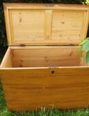 Große Vollholztruhe, Fichte/Tanne hell bierlasiert. Antik um 1920 in 53639