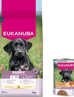 15 kg Eukanuba Premium Nutrition + 3 x 400 g passendes Nassfutter gratis! - 15 kg Puppy Large & Giant Breed Huhn + 3 x 400 g Puppy Pute mit Karotten
