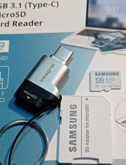 OTG USB 3.0 Typ C, Speicherkartenleser integral, MicroSD Laufwerk, Samsung EVOPlus MicroSDXC 128GB mit einer Datenübertragung von bis zu 130MB/s, inklusive SD-Adapter - Fürth