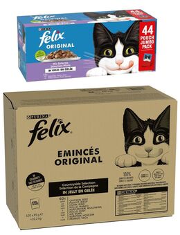 Jumbopack Felix + 44 x 85 g Pouches gratis! - 120 x 85 g Classic Rind und Huhn + 44 x 85 g Original Lachs, Thunfisch, Rind, Huhn