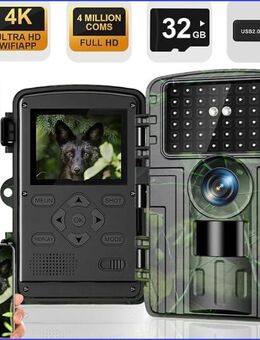 Wildkamera, 4K Video Wildtierkamera, 60MP Full HD WLAN mit Handyübertragung APP, Bewegungssensor, Nachtsicht, 0,1s Auslösezeit, Infrarot Wildkamera mit 32G Speicherkarte & Kartenleser IP66 Wasserdicht - Weinstadt