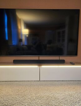 TV Lowboard 2 m weiß Hochglanz mit Eiche-Optik LED Beleuchtung Hängeschrank Wohnwand Kommode Sideboard Fernsehtisch modern - Schwelm