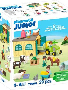 Playmobil® Bauernhof-Abenteuer mit Traktor, Anhänger u. tier. Freunden (71656) Konstruktions-Spielset, (29 St), JUNIOR, Made in Europe