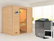 Karibu Sauna "Sonja" mit Klarglastür Ofen 9 kW Bio externe Strg modern, BxTxH: 196 x 146 x 198 cm, 38 mm