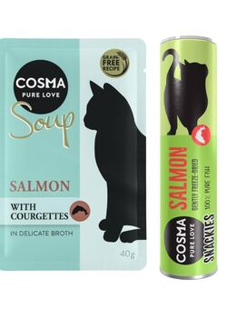 Cosma Kombi-Paket: 24 x 40 g Soup + 3 x Snackie - Lachs mit Zucchini + Lachs (3 x 21 g)