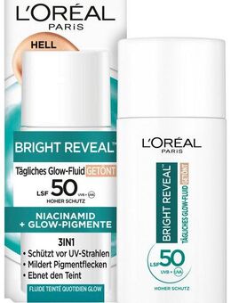 L'ORÉAL PARIS After Sun-Lotion L'Oréal Paris Bright Reveal Tägliches Glow-Fluid Getönt Light, LSF 50, mit Vitamin C und E, feuchtigkeitsspendend.