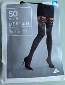 Damen Feinstrümpfe mit Muster Strumpfhose Tights Katze 50 DEN Design Opaque 1x Tights Schwarz Silber Glitzer Glanz Effekt Lycra Marke: C&A Gr. M. neu mit Etikett in 72459