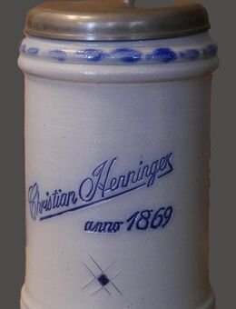 Walzenkrug mit Zinndeckel , Christian Henninger anno 1869 , Handarbeit , Steinzeug , Höhe 19,5cm , K55 - Görlitz