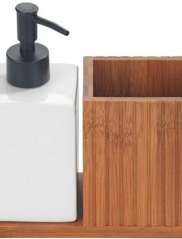 WENKO Spülmittelspender Modell Mera, mit Utensilienhalter, Keramik & geräucherter Bambus, Landhaus-Stil