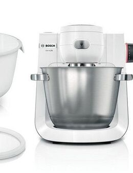 BOSCH Küchenmaschine Serie 6 MUMS6EW18, 2 Schüsseln (Edelstahl, Kunststoff), Deckel, weiß, 1600 W, 5,5 l Schüssel, 7 Stufen, Knethaken/Rühr-/Silikonbesen, spülm.fest, Schüssel BPA-frei