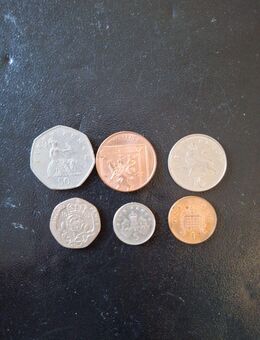 Englische Pfund Münzen 6 Stück 50 Pence, 20 Pence, 10 Pence, 5 Pence, 2 Pence - Essen