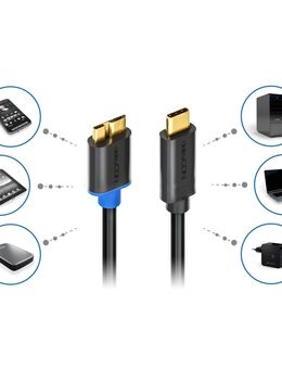Lade- Datenleitung USB 3.0 Typ C Stecker, Adapter USB 3.0 Typ C auf USB 3.0 Micro-B Stecker, bis zu 500MB/s, 50cm Leitungslänge, vergoldete Anschlüsse, Knickschutz, schwarz - Fürth