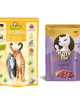 6 x 85 g GranataPet DeliCatessen Pouch + 85 g KITTY Cat Paté Ente gratis! - Huhn PUR