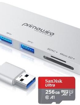 USB 3.0 Typ A, 3fach Hub USB 3.0 Typ A & Dual Speicherkartenleser, SD & MicroSD Laufwerke, SanDisk Ultra MicroSDXC 256GB mit einer Datenübertragung von bis zu 150MB/s - inklusive SD-Adapter - Fürth